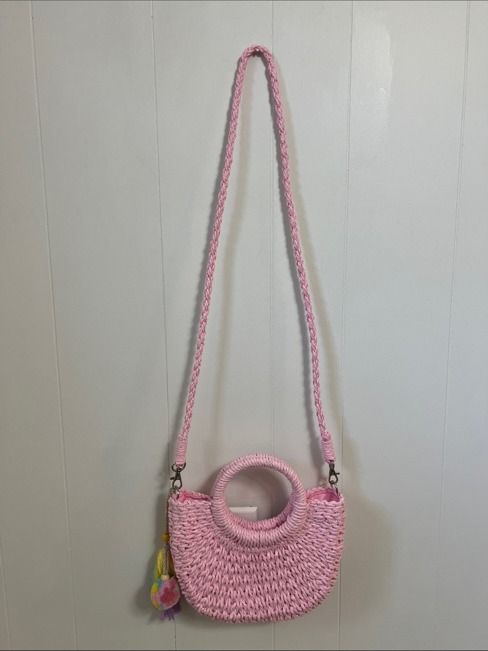 Most Wanted USA Pastel Pink Straw Top Handle Crossbody Boho Bag Tassels PomPom - Picture 4 of 12